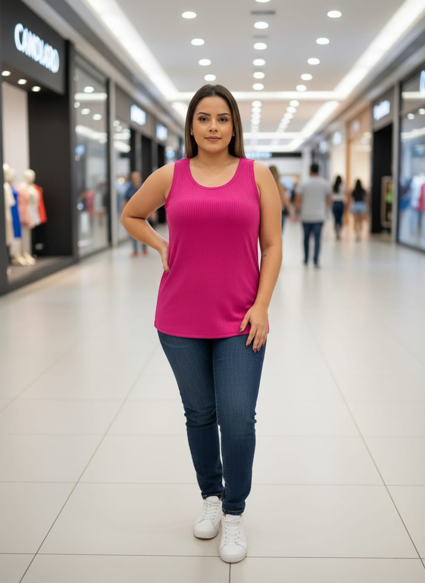 Modelo virtual vestindo a roupa em um cenário de shopping